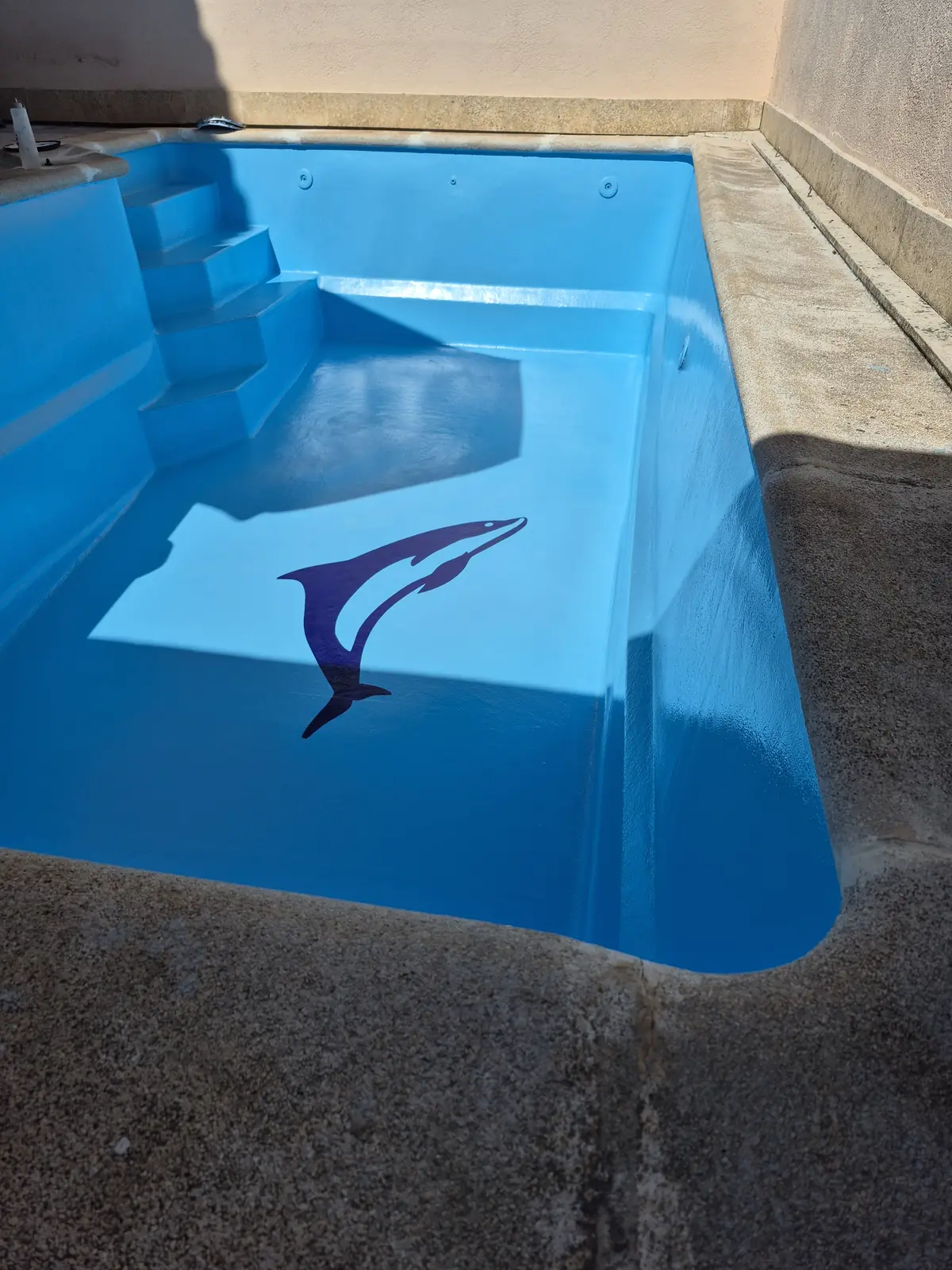 Piscina prefabricada de Hellín con acabado azul renovado, escalera y motivo de delfín